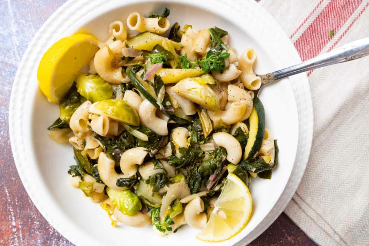 Fall Vegetable Pasta in Lemony Butter Sauce overhead shot.