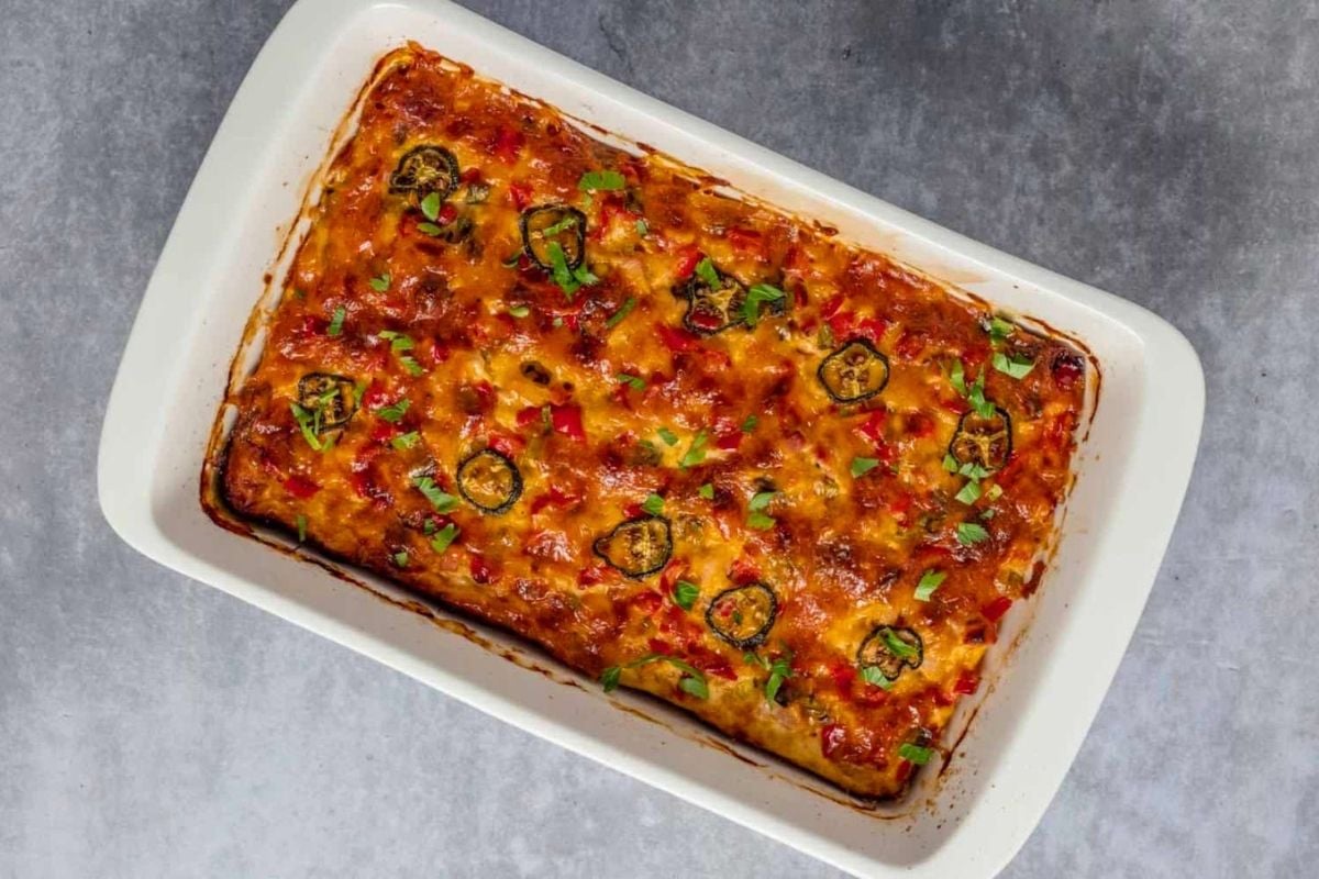 Gluten Free Hash Brown Breakfast Casserole in a baking dish.