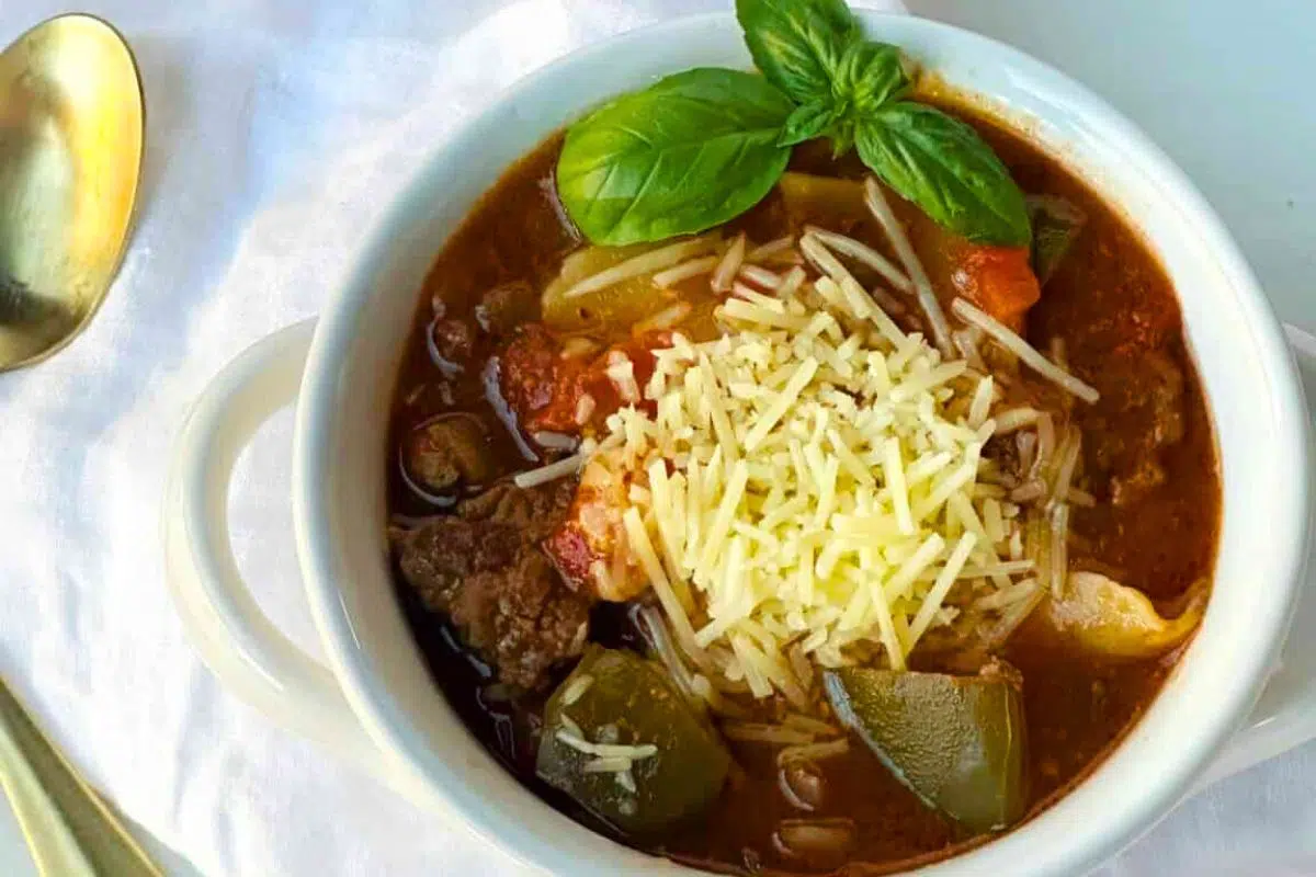 A bowl of Gluten Free Lasagna Soup.