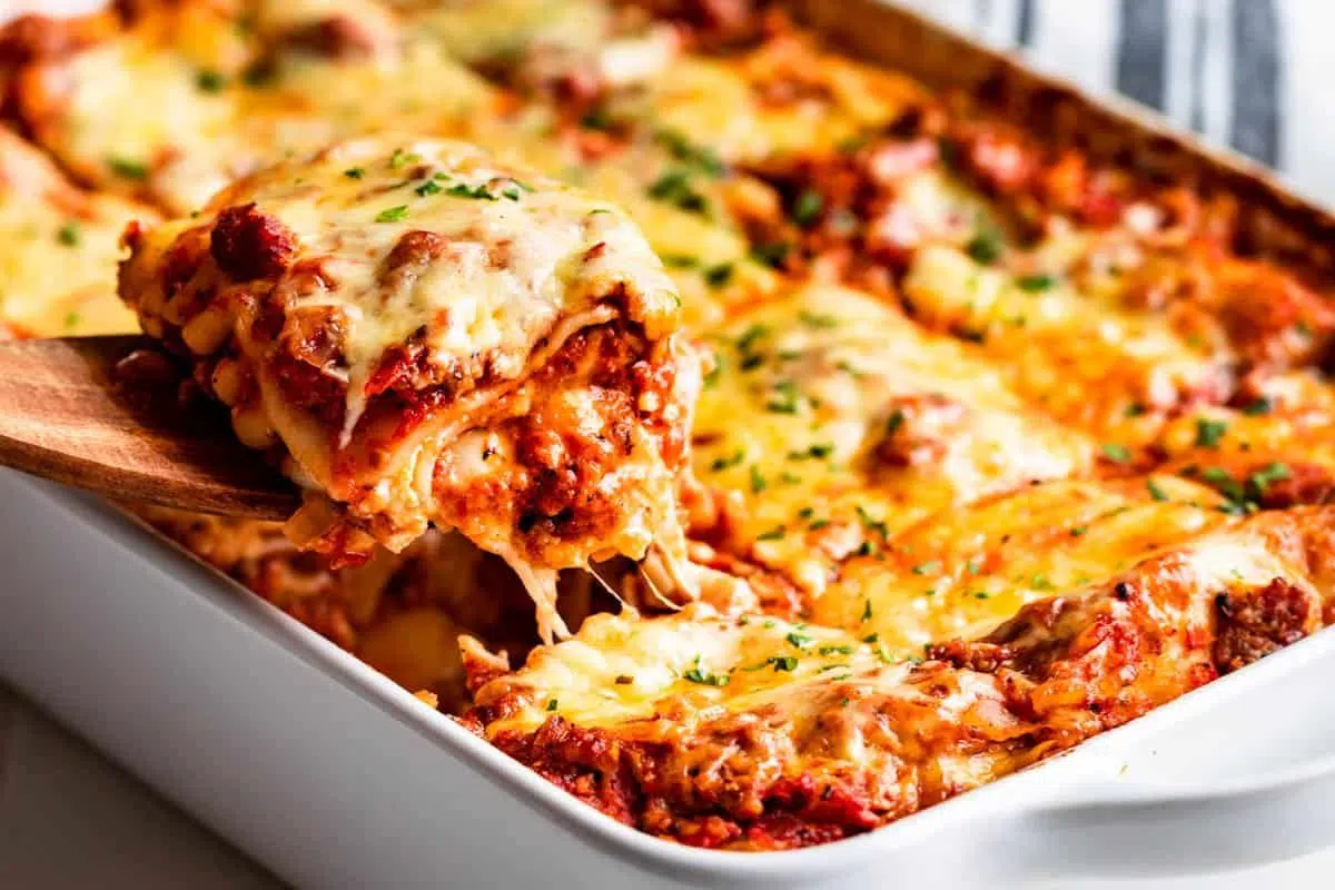 Gluten Free Lasagna in a casserole.