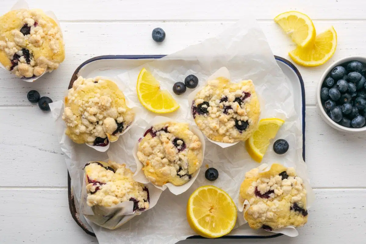 Gluten Free Lemon Blueberry Muffins served on a plate.