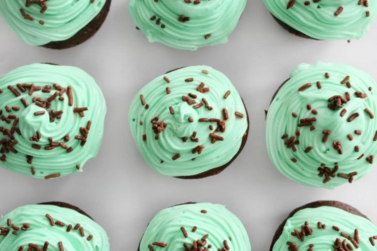 Chocolate Cupcakes topped with chocolate sprinkles.
