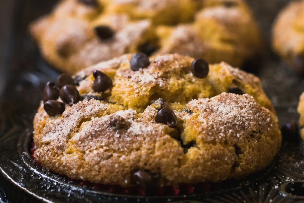Gluten Free Pumpkin Chocolate Chip Muffins in a pan.