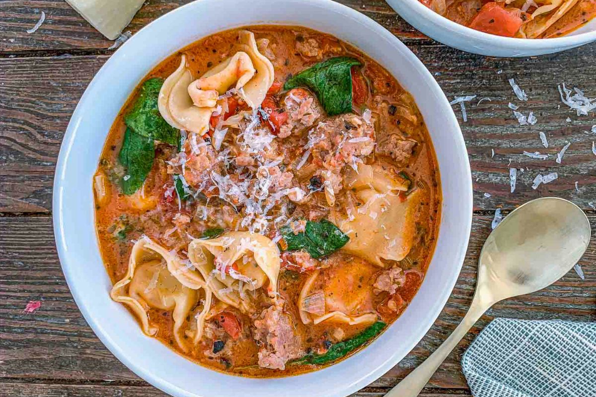 Gluten-Free Tortellini Soup served in a bowl.