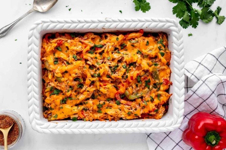 Low Carb Chicken Fajita Casserole topped with chopped parsley.