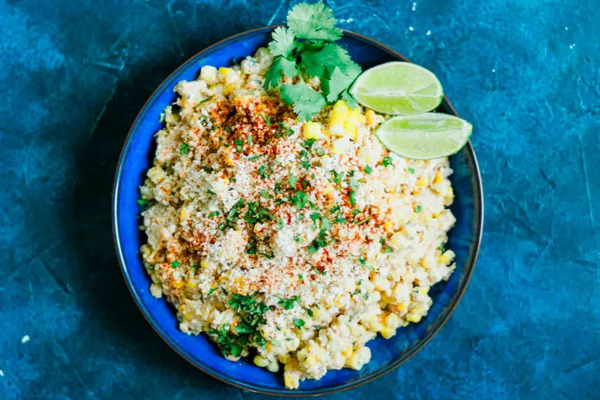 Mexican-Style Elote (Corn) Salad garnished with cilantro.