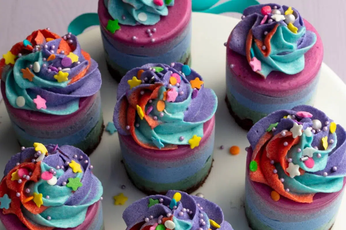 Close up look of a Mini Vegan Rainbow Ice Cream Cakes.