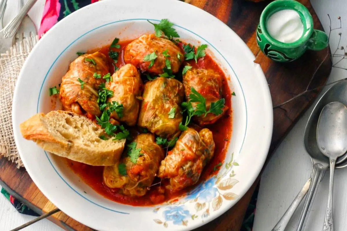 Mushroom-stuffed Cabbage Rolls served on a plate.,
