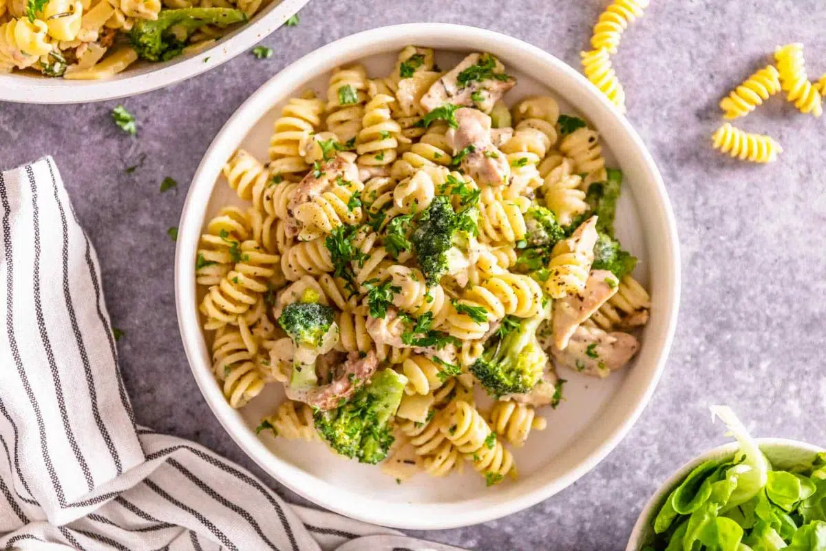 Overhead shot of One-Pot Chicken Broccoli Pasta.