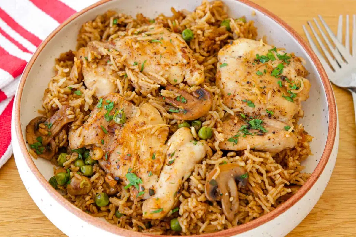 One Pot Chicken and Rice served in a bowl.
