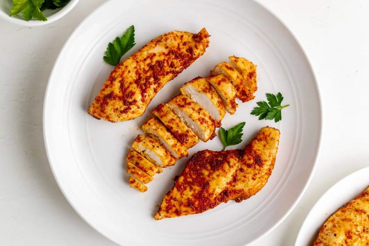 Oven Baked Thin Sliced Chicken Breast served on a plate.