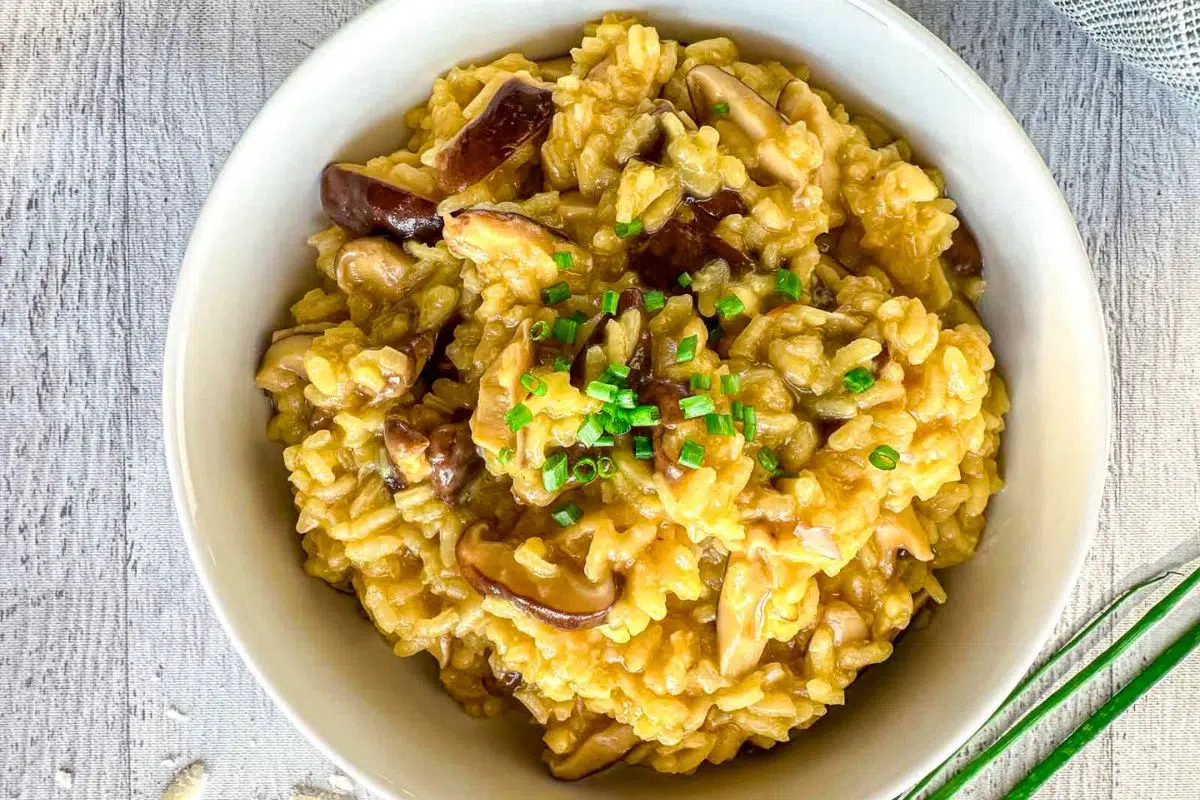 Saffron Mushroom Risotto in a bowl.