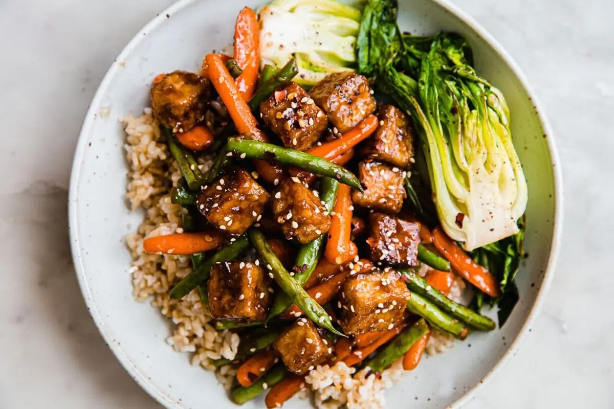 Close up look of Sesame Ginger Tofu and Veggie Stir Fry.