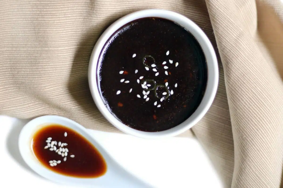 Soy-Free Homemade Teriyaki Sauce topped with sesame seeds.