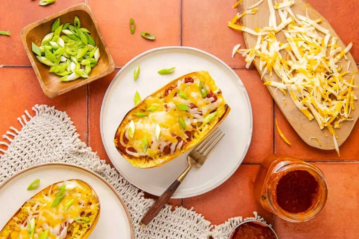 Spaghetti Squash Enchilada served on a plate.