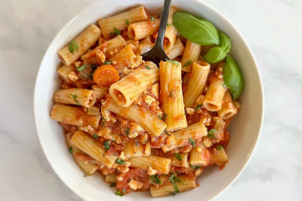 Tofu Bolognese served in a bowl.