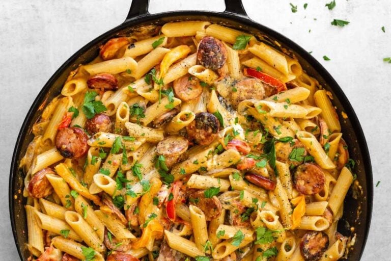 One Pot Creamy Cajun Sausage Pasta overhead shot.