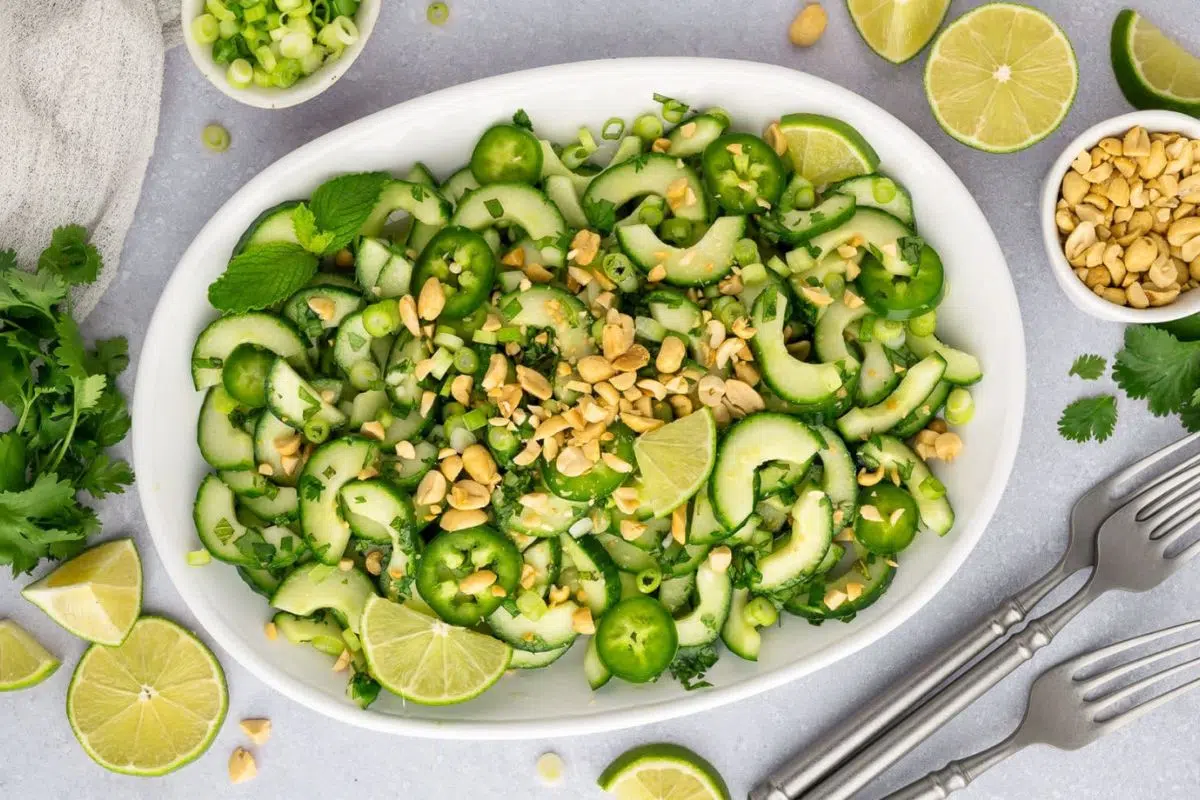 Vietnamese Cucumber Salad topped with peanuts.