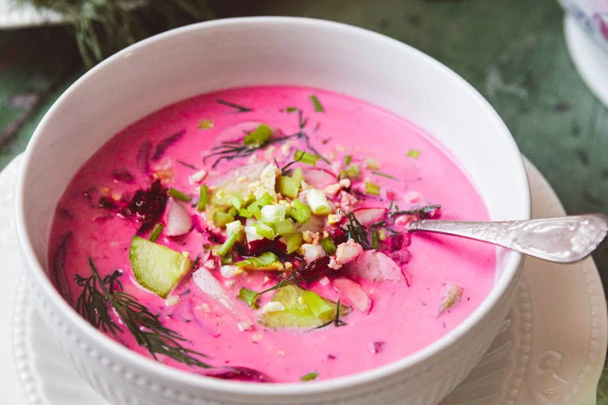 A bowl of 10-Minute Cold Beet Soup.