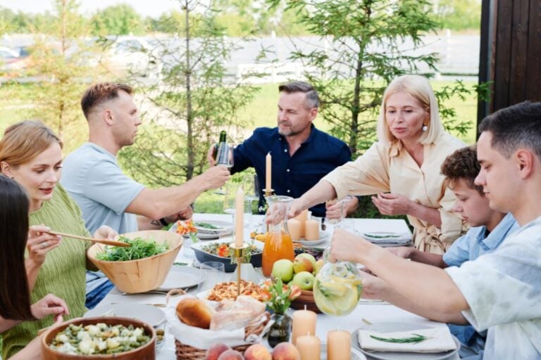 A family having dinner together.