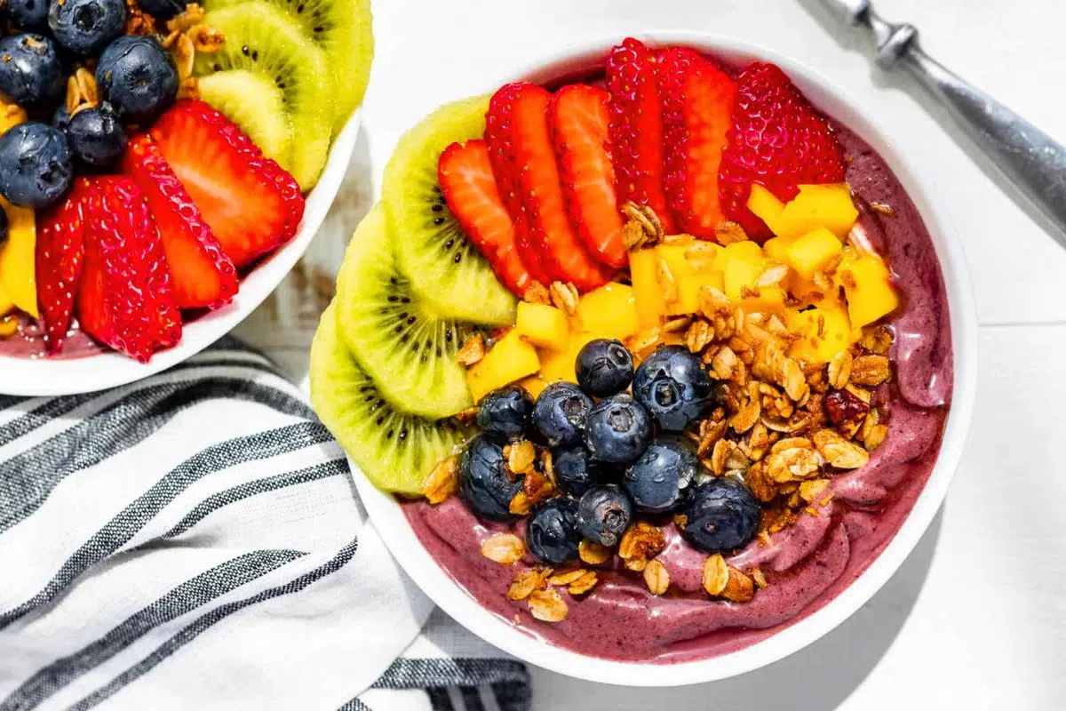Acai Bowls topped with fresh fruits.