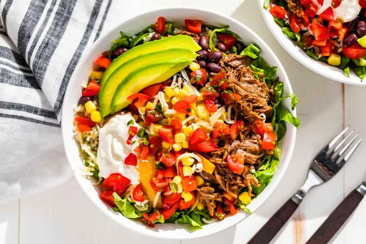 Barbacoa Burrito Bowls overhead view.
