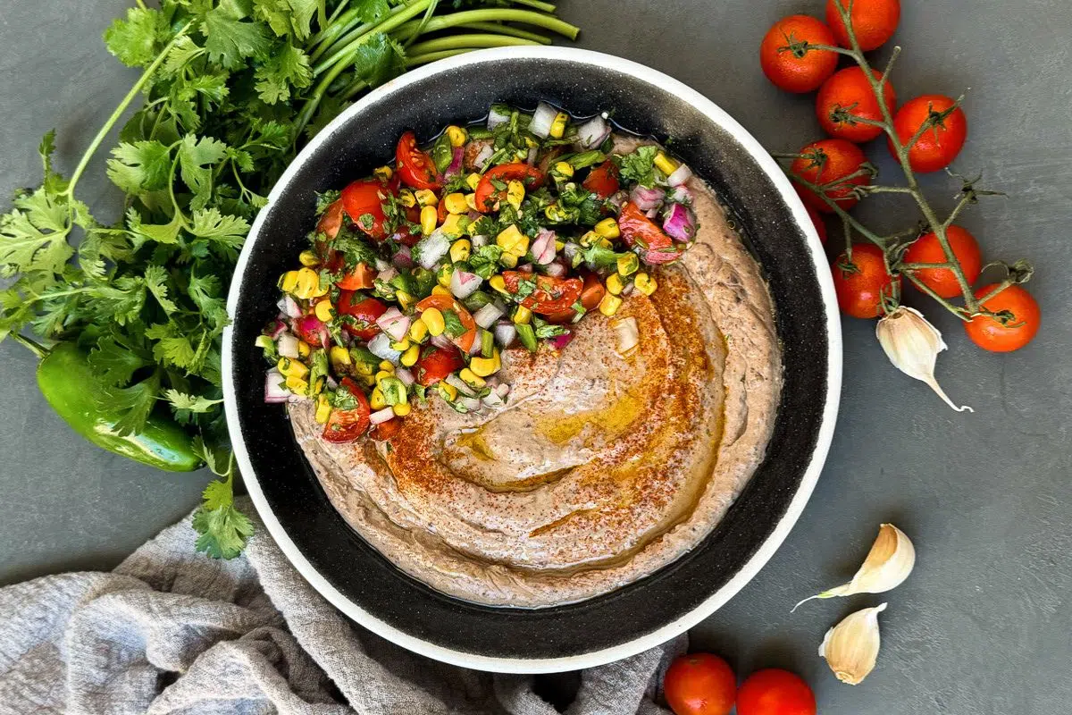 Black Bean Hummus overhead view.