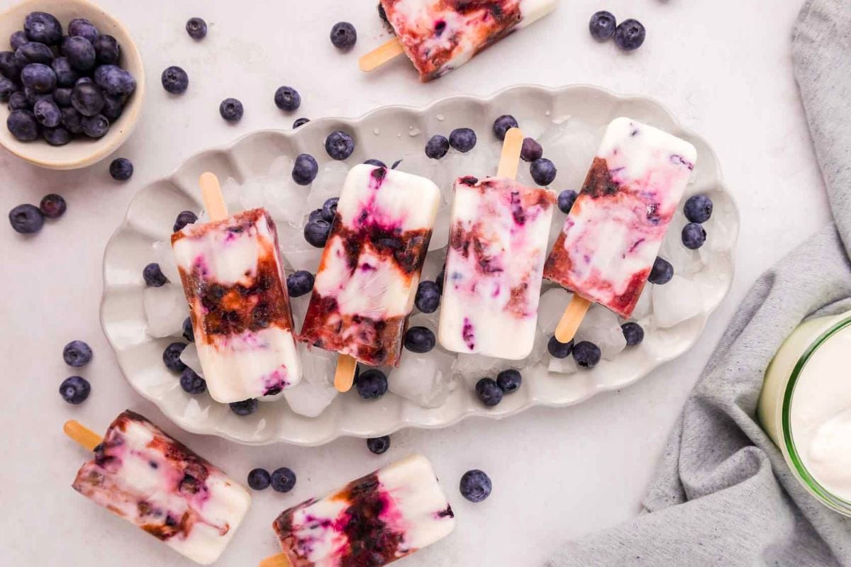 Overhead shot of Blueberry Yogurt Popsicles.