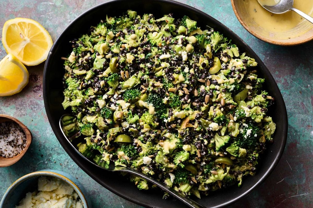 Broccoli Lentil Salad with Lemon Tahini Dressing served on a plate.