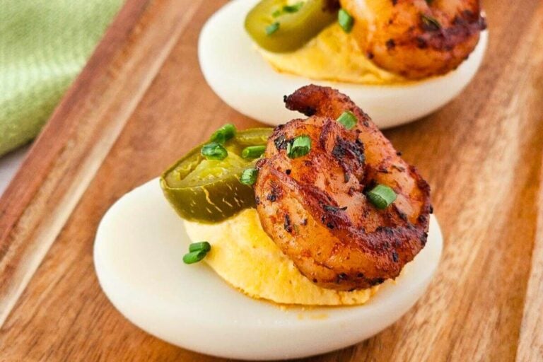 Close up look of Cajun Deviled Eggs With Shrimp.