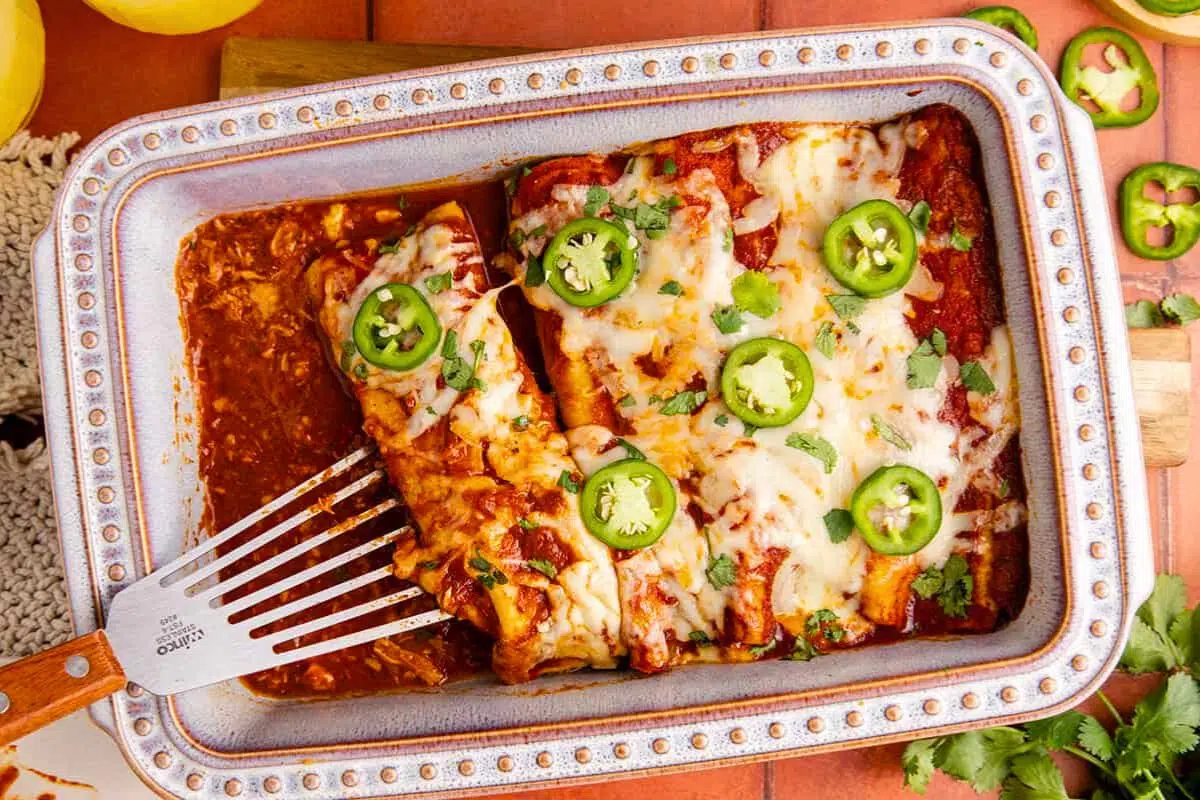 Cheesy Chicken Enchiladas overhead view.