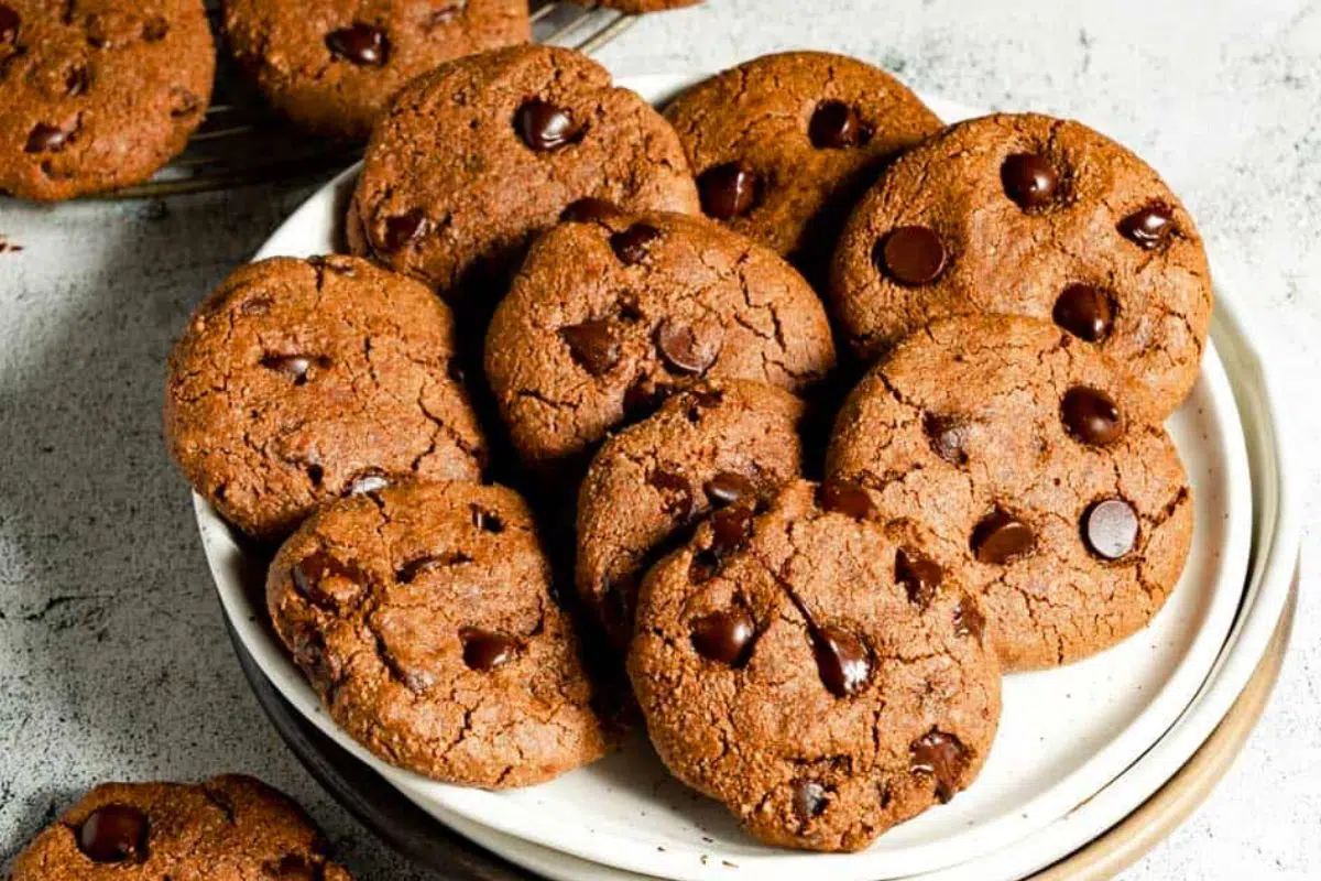 Chewy Almond Flour Chocolate Cookies served on a plate.