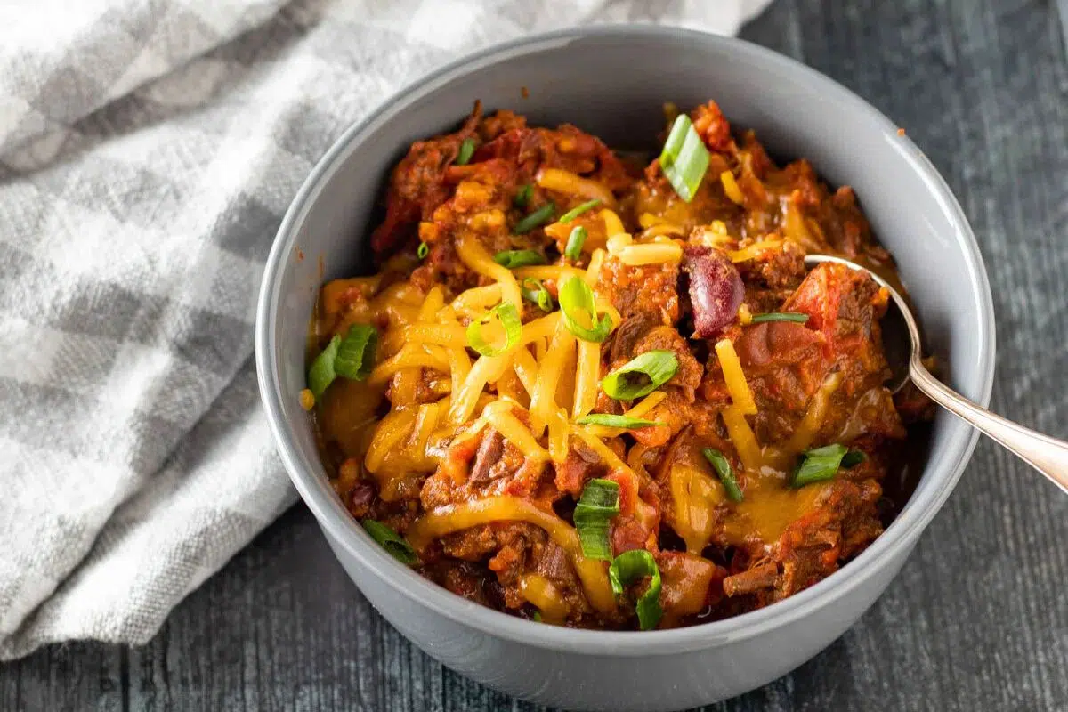 Chili for a crowd served in a bowl.