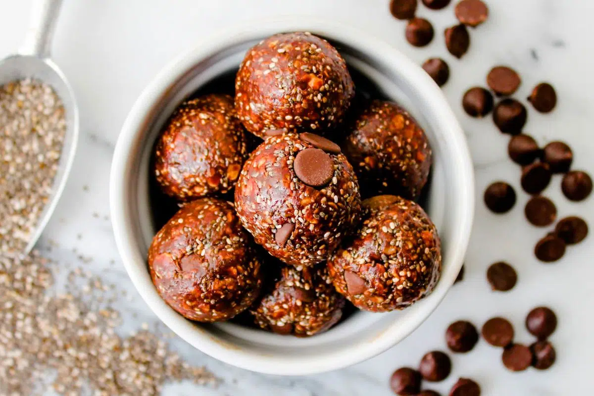 Chocolate Chia Balls served in a bowl.