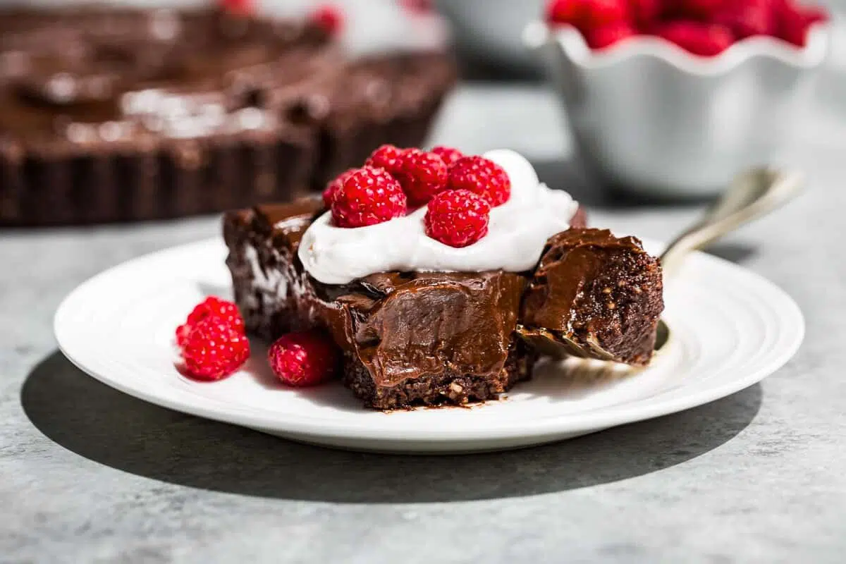Chocolate Tart served on a plate.