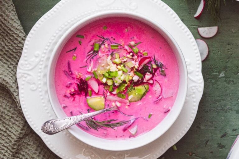 Cold Beet Soup served in a bowl.
