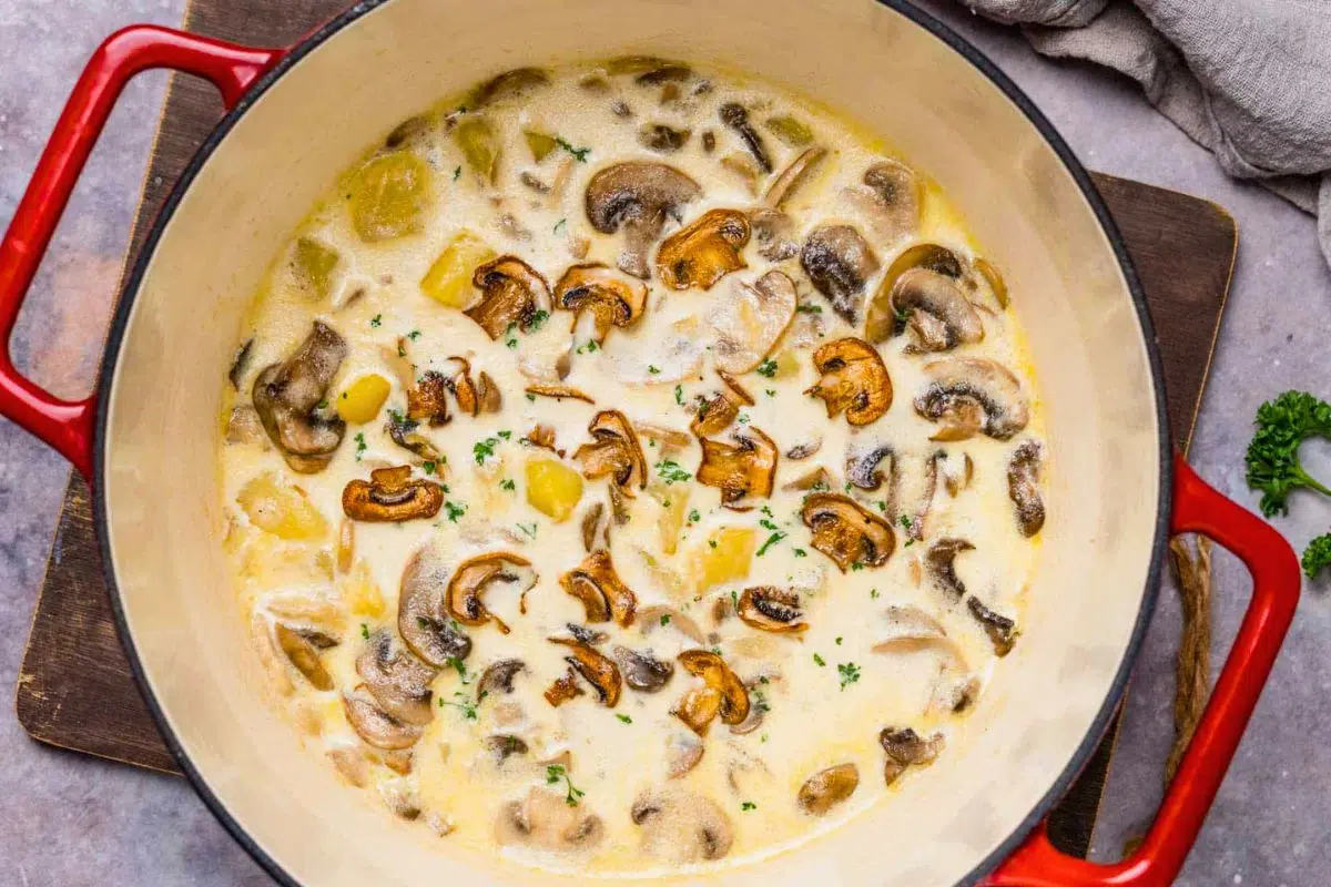 Creamy Potato Mushroom Soup in a pot.