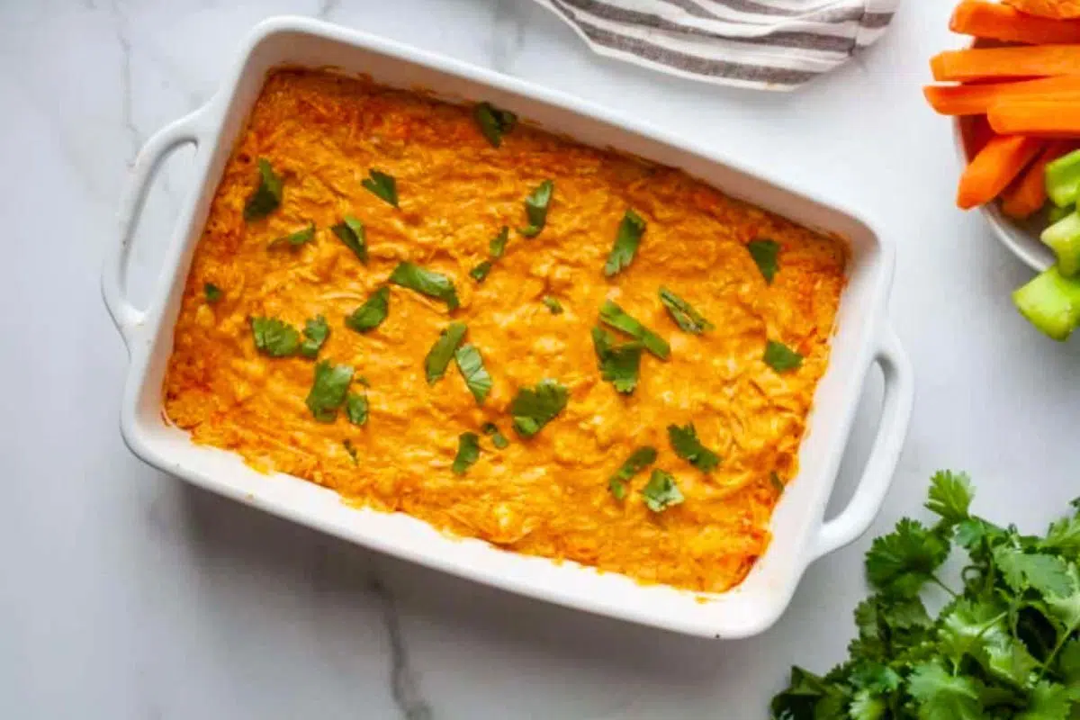 Dairy Free Buffalo Chicken Dip in a baking dish.