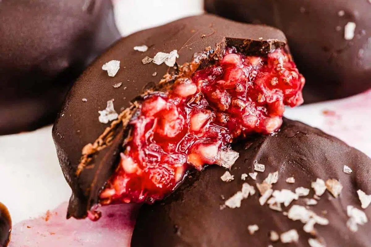 Dark Chocolate-Covered Raspberry Bites close up look.