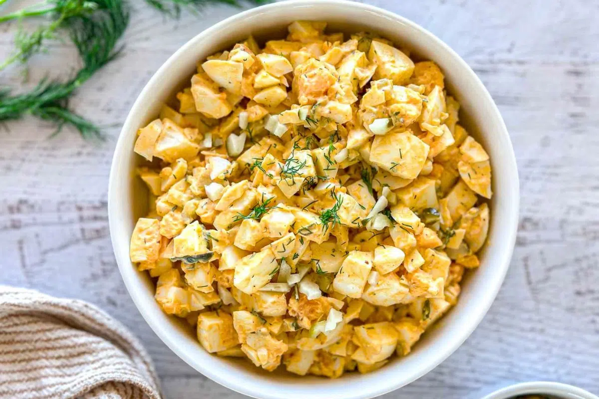 Dill Pickle Egg Salad served in a bowl.