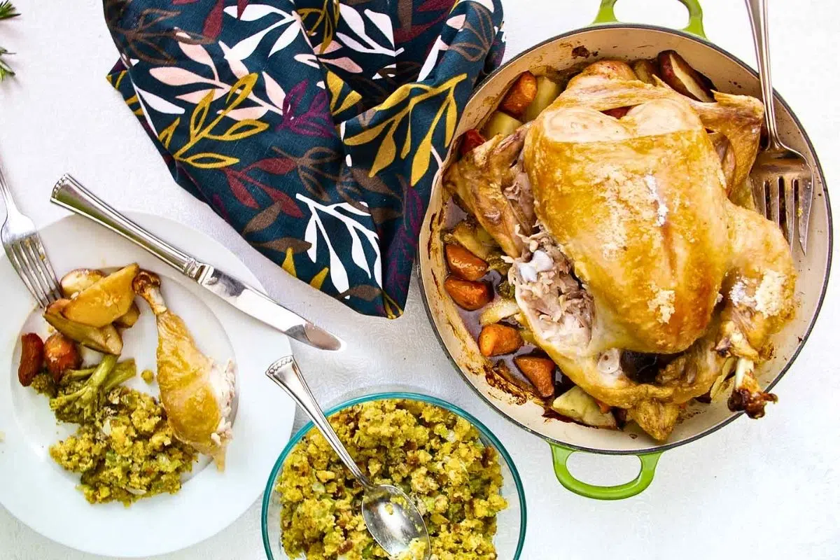Dutch Oven Whole Chicken overhead view.