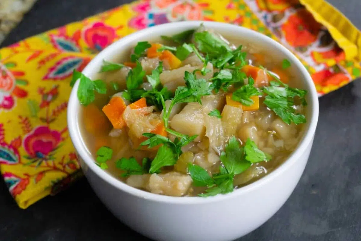 Easy Instant Pot German Potato Soup served in a bowl.