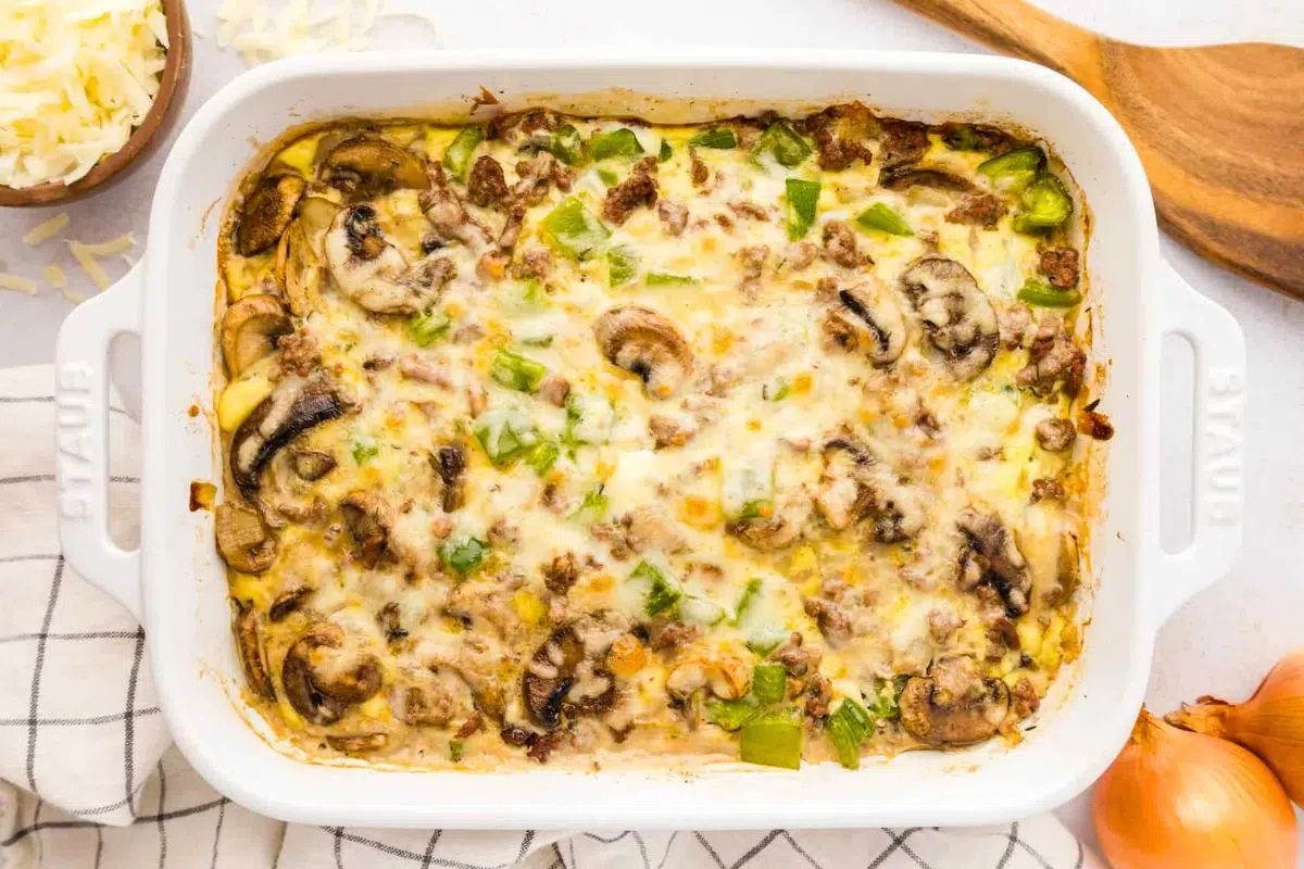 Easy Philly Cheesesteak Casserole in a baking dish.