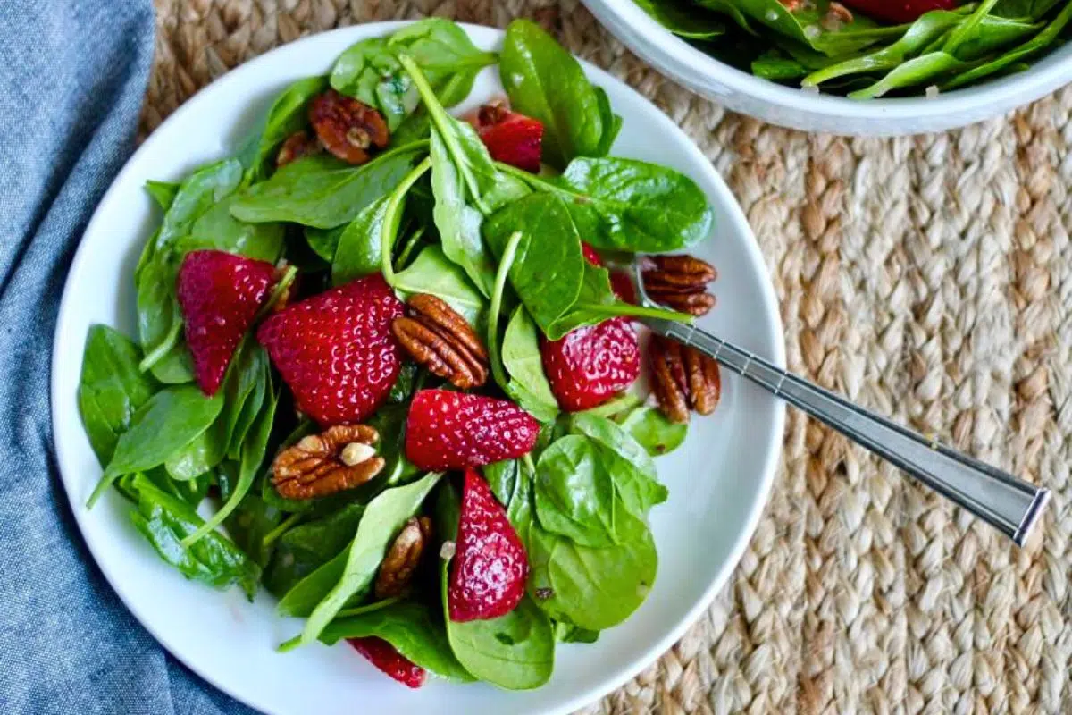 Overhead view of Easy Spinach Pecan Strawberry Salad.