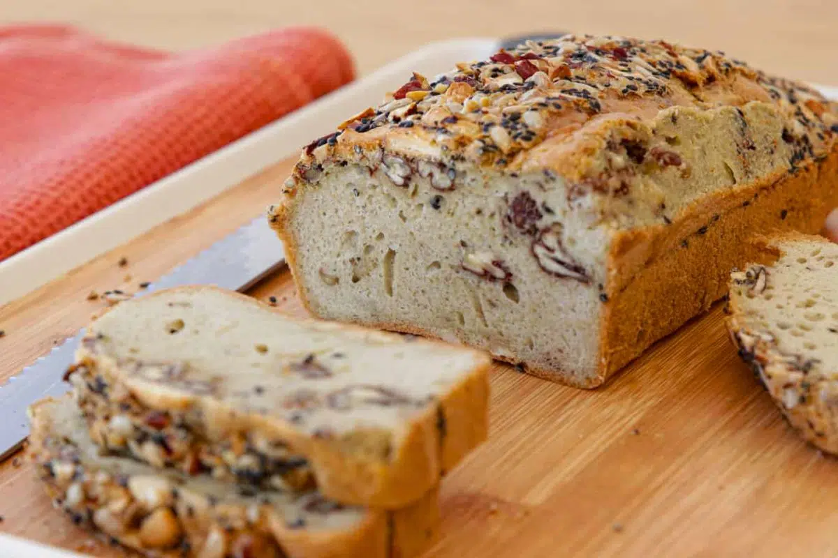 A loaf of Flourless Tahini Bread.