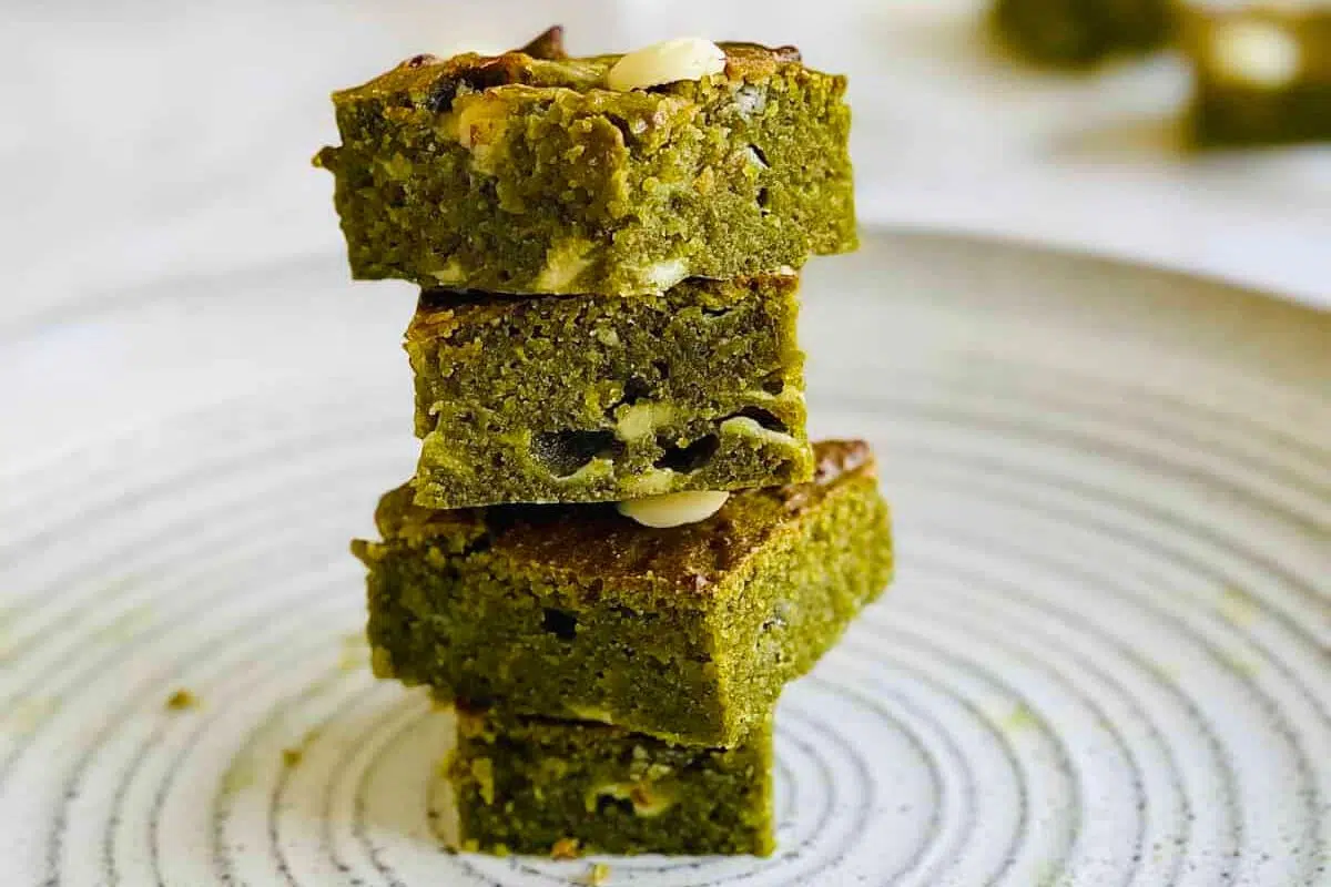 Fudgy Matcha Brownies with White Chocolate Chips close up look.