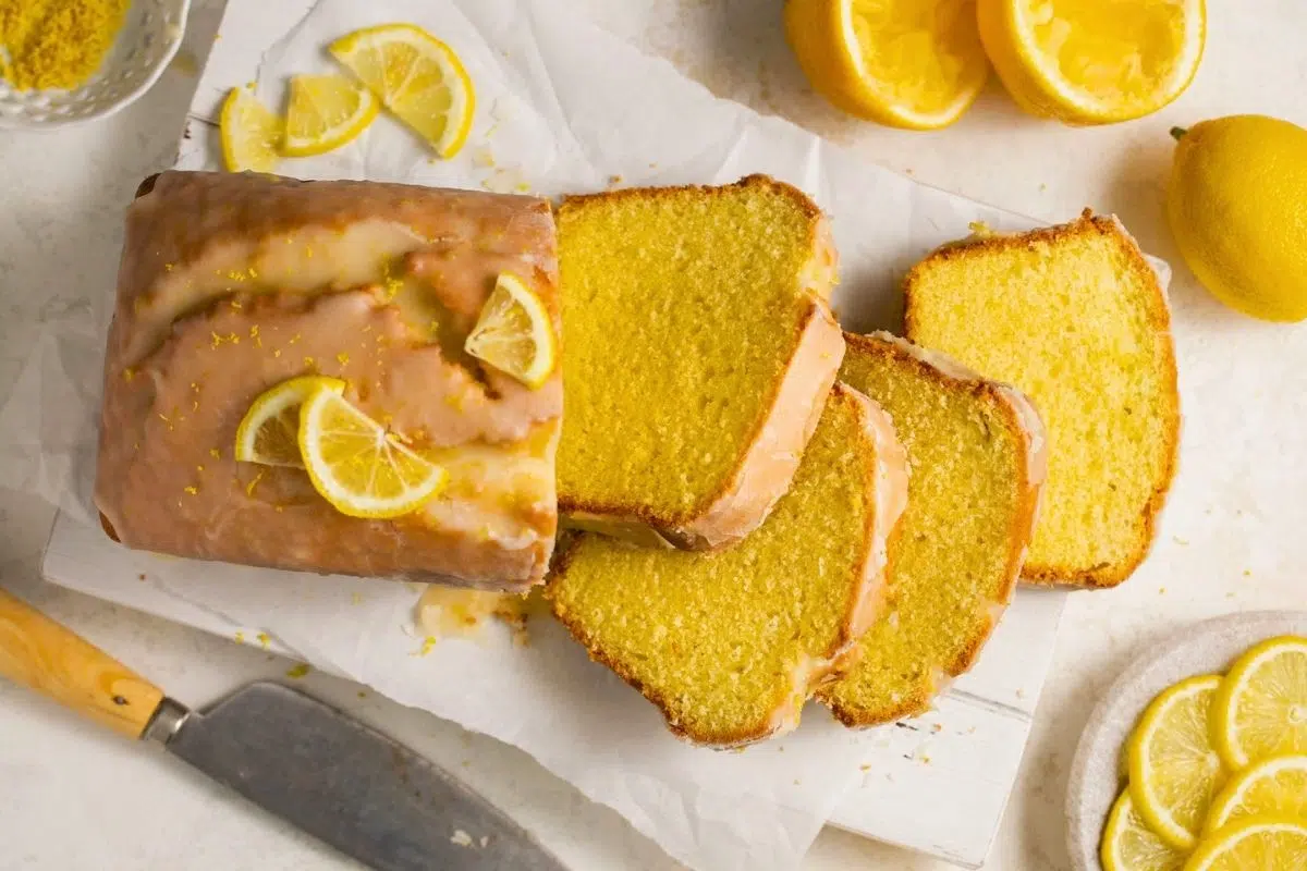 Overhead view of Gluten-Free Lemon Drizzle Cake.