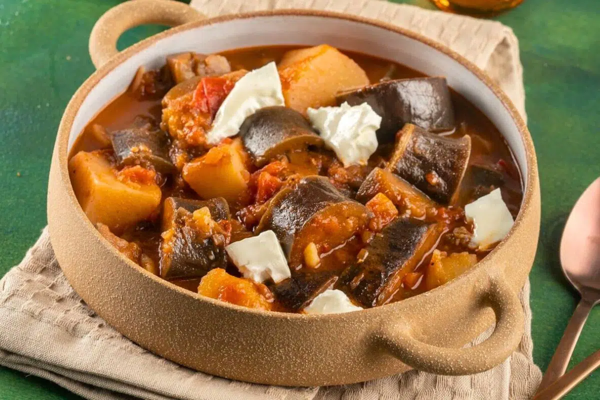 Greek Eggplant and Potato Stew served in a bowl.