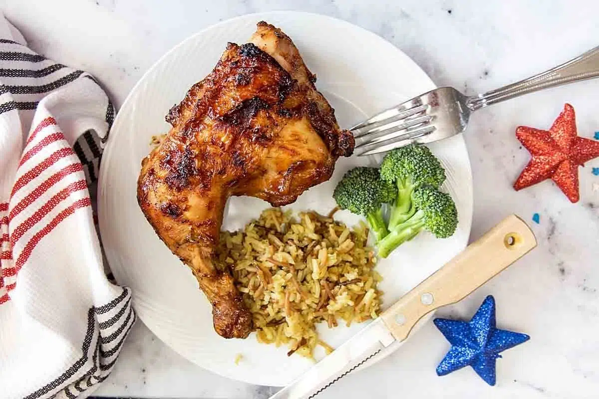 Grilled BBQ Chicken with rice and broccoli.