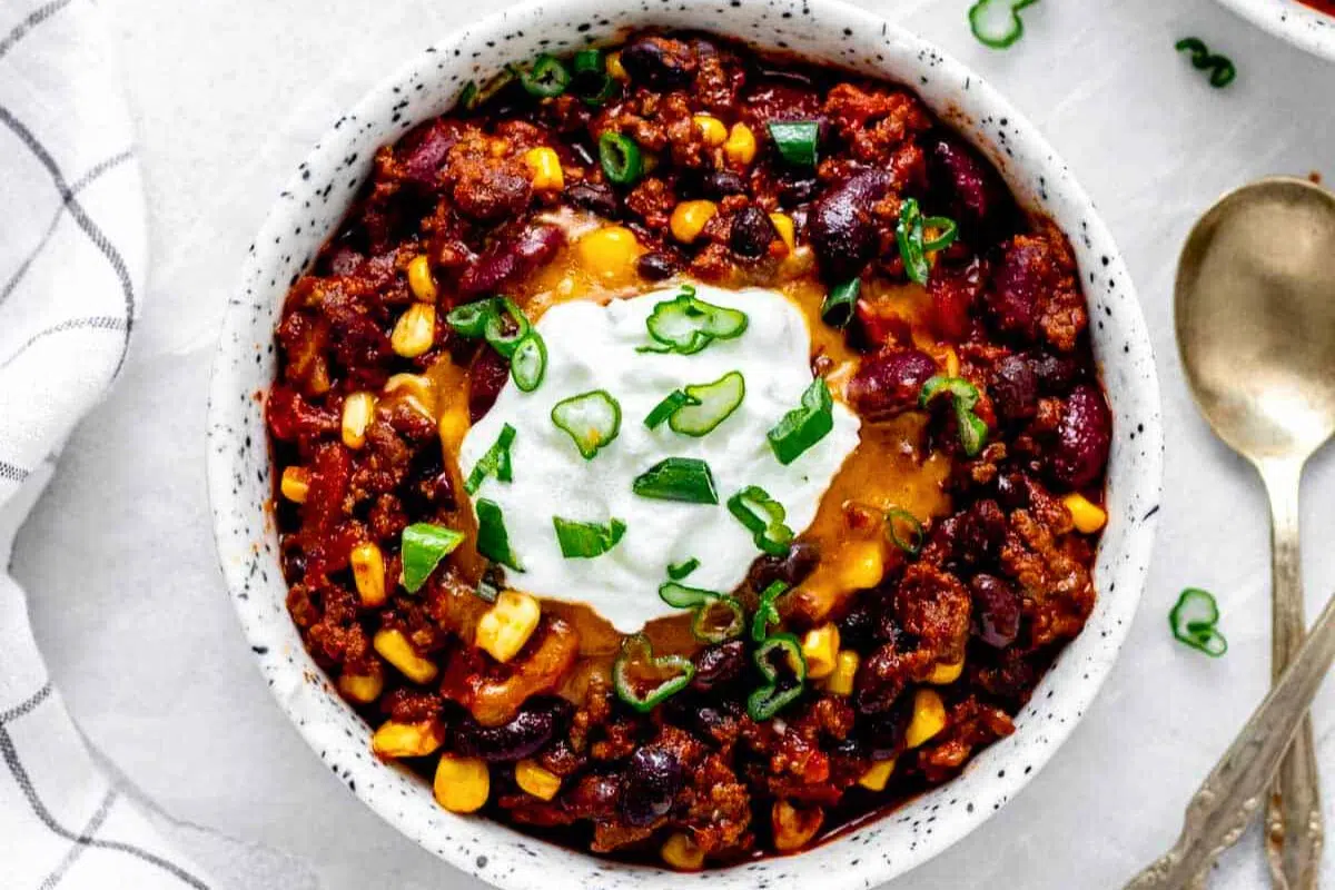 High Protein Chili garnished with chopped spring onions.